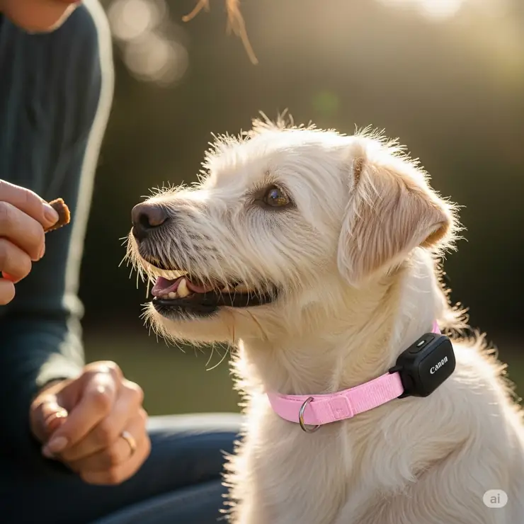 A small, happy dog looking attentively at its owner, wearing a lightweight training collar. This image illustrates the use of shock collars for small dogs in a training context.