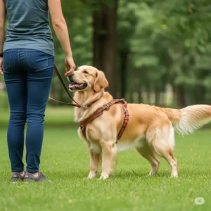 A well-behaved dog during a training session, benefiting from the control offered by a sturdy leather dog harness.