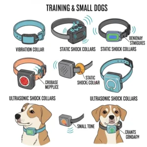 An illustration showcasing various types of training collars suitable for small dogs, including vibration, static, and ultrasonic shock collars.