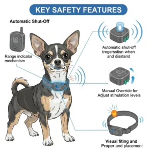 Illustration depicting a small dog playing near water while wearing a waterproof shock collar, highlighting its durability for outdoor use.