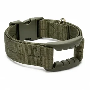 A rugged wide tactical dog collar with a quick-release buckle and handle.