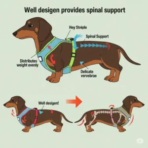 An illustration highlighting how a well-designed wiener dog harness provides essential spinal support for dachshunds, reducing strain.

