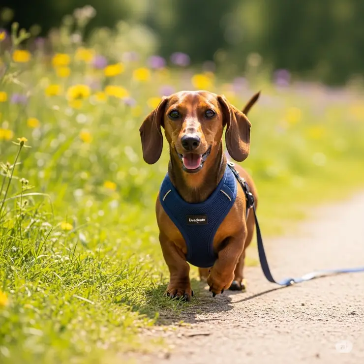 A happy dachshund wearing a comfortable, well-fitting wiener dog harness during an outdoor walk.