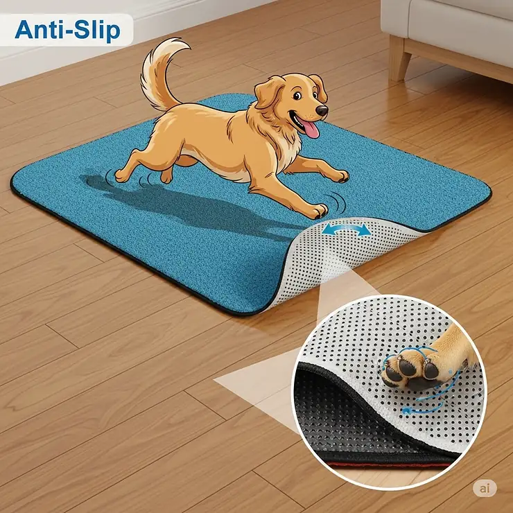 An illustration highlighting the anti-slip backing feature of a dog rug, ensuring safety and stability on hard floors.