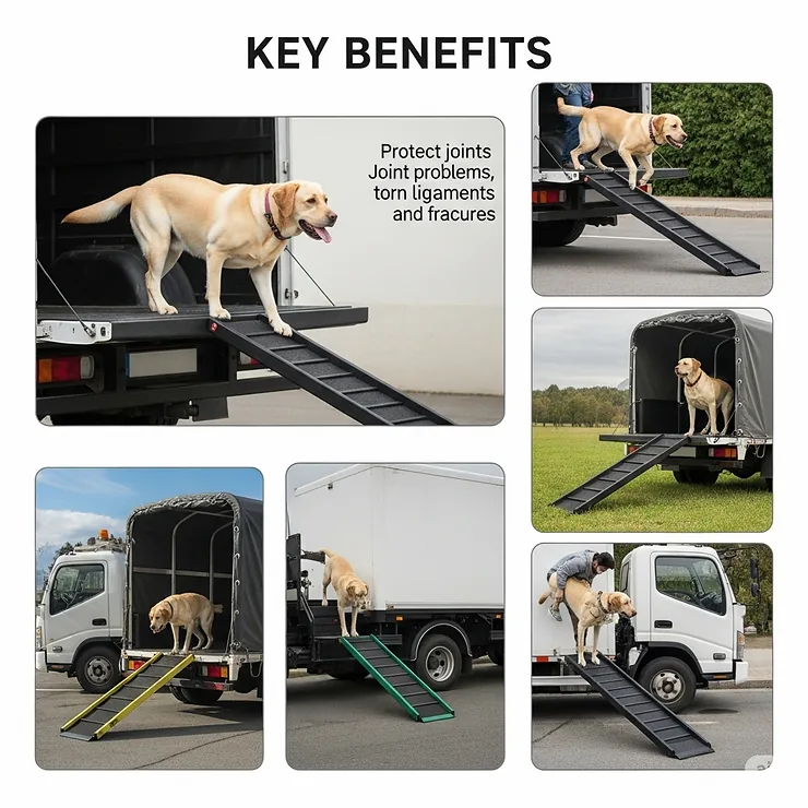 Visual representation of the key benefits of using dog ramps for trucks, such as protecting canine joints and preventing injuries during truck entry and exit.