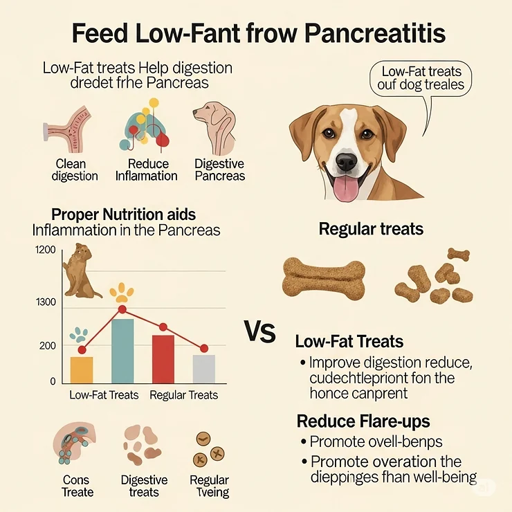 Infographic illustrating the key benefits of feeding low-fat dog treats to dogs suffering from pancreatitis, such as improved digestion and reduced flare-ups.