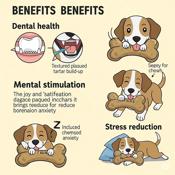Infographic highlighting the key benefits of giving a dog bone toy, including improved dental hygiene and mental stimulation.