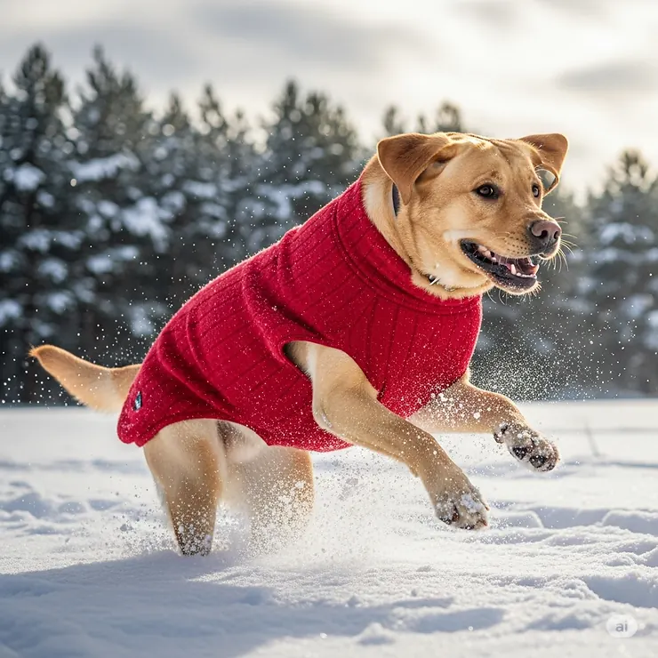 A large labrador retriever dog playing in the snow while wearing a red, durable winter dog sweater.
