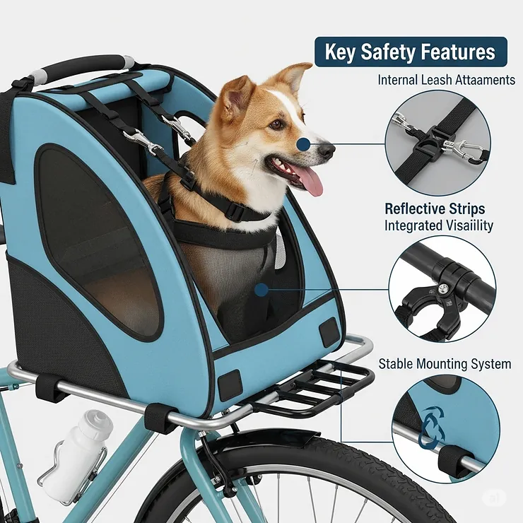 Close-up illustration highlighting key safety features of a bike dog carrier, including internal leash attachments, reflective strips, and a stable mounting system.