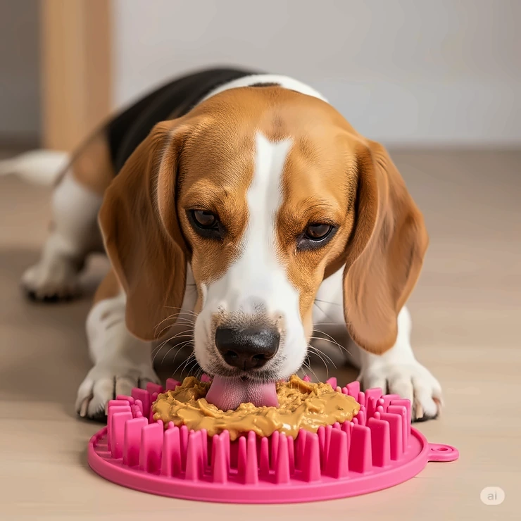 A calm dog, possibly a beagle, contentedly engaged with a lick bowl, illustrating its use for anxiety relief and mental stimulation in dogs.