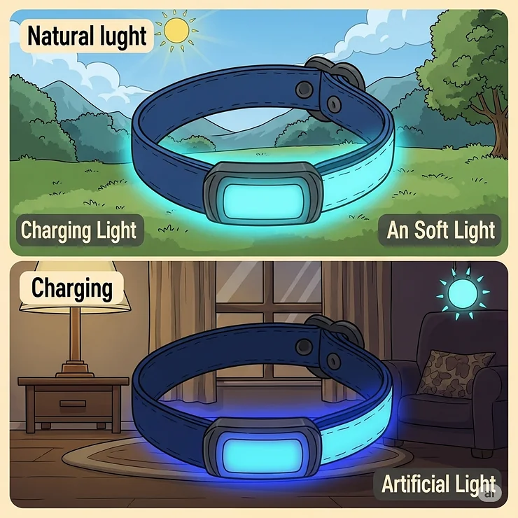 An illustration showing a glow in the dark dog collar exposed to natural sunlight or artificial light, demonstrating how it charges for optimal glow.