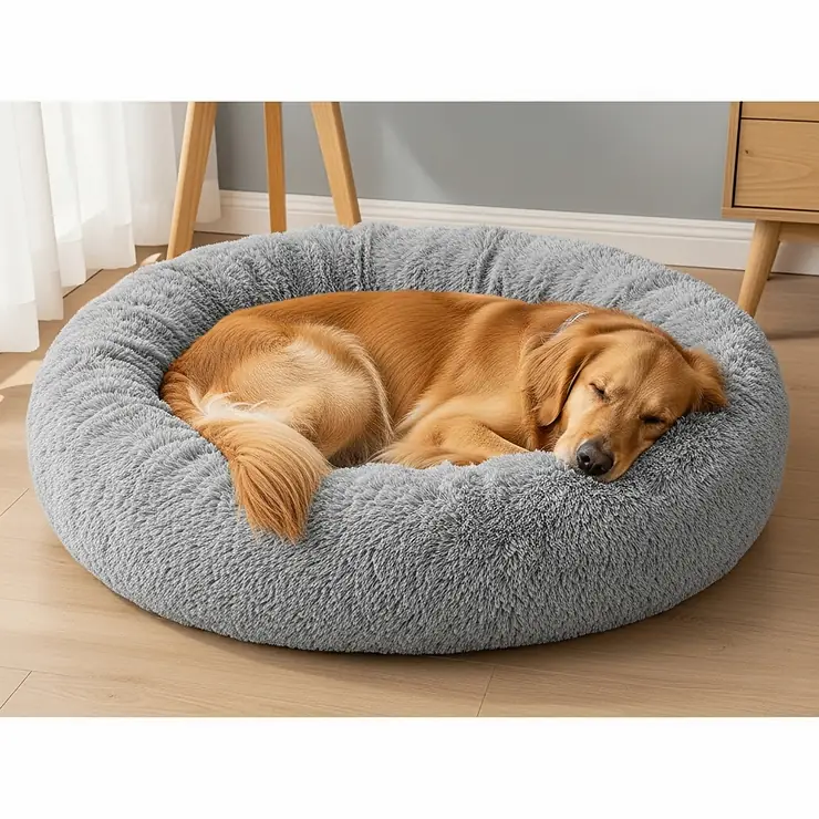 A cozy grey circular dog bed with a golden retriever happily curled up inside, showcasing the soft, supportive design for optimal pet comfort.
