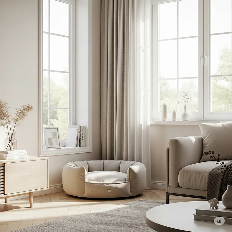 Stylish circular dog bed seamlessly integrated into a modern living room, complementing the home decor.