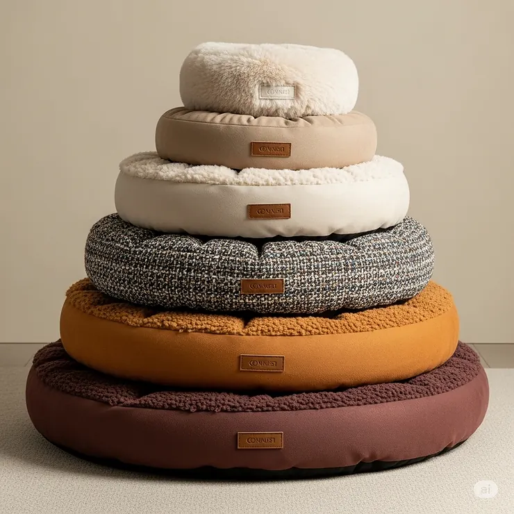 A visual representation of various size options for circular dog beds, suitable for all dog breeds from small to large.