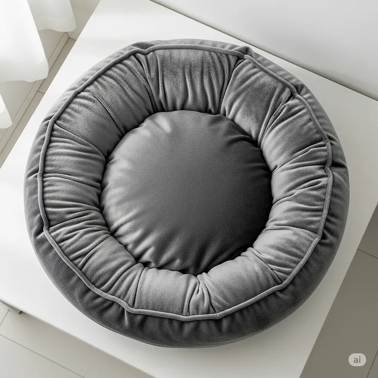 Overhead view of an empty, plush circular dog bed, highlighting its round shape and inviting design.