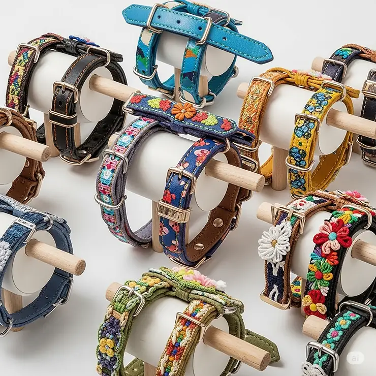 A vibrant display of various colorful and patterned puppy collars, showcasing stylish options for small dogs.