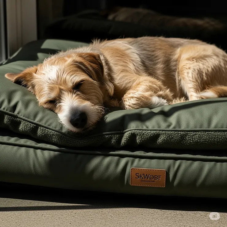A happy dog comfortably napping on a soft, protective waterproof dog bed cover, showcasing pet comfort and bed longevity.