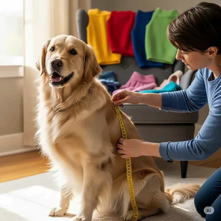 A chart showcasing different measurements for custom dog sweaters for big dogs, with a measuring tape placed on a large dog's back.