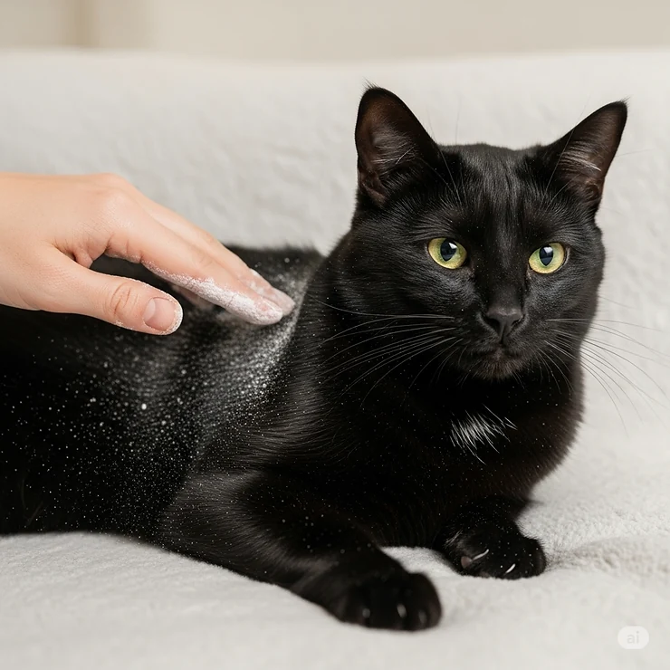 A cat being carefully treated with diatomaceous earth powder, a safe way to prevent external parasites on pets.