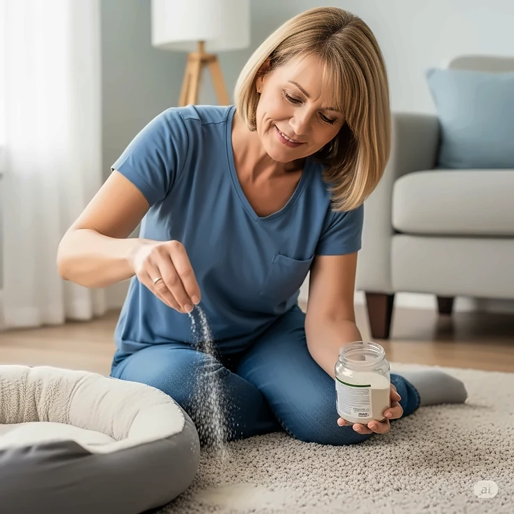 A pet owner sprinkling diatomaceous earth on pet bedding and carpet, demonstrating environmental pest control.