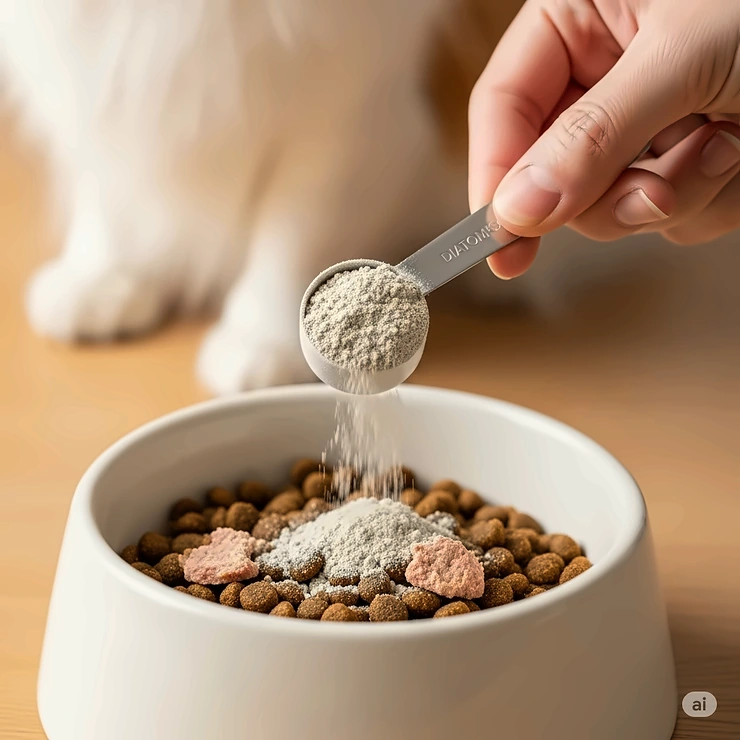 A small scoop of diatomaceous earth being added to a pet's food bowl, showing a common application method.
