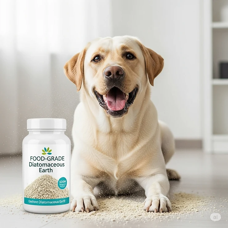 A happy dog surrounded by a light dusting of food-grade diatomaceous earth, illustrating its safe use for pet health.