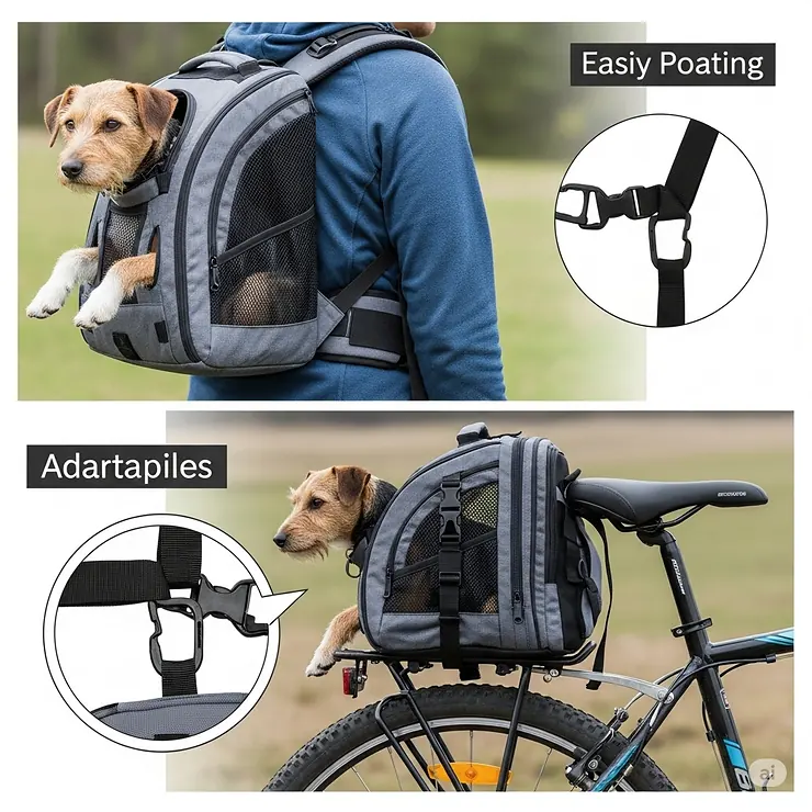 Depiction of a versatile dog bike backpack carrier, showing how it can be worn by the owner and then securely attached to a bike rack for convenience.