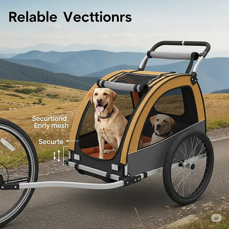 Detailed illustration of a spacious dog bike trailer acting as a carrier, featuring mesh windows for ventilation and a durable frame, perfect for larger dogs or multiple small pets.