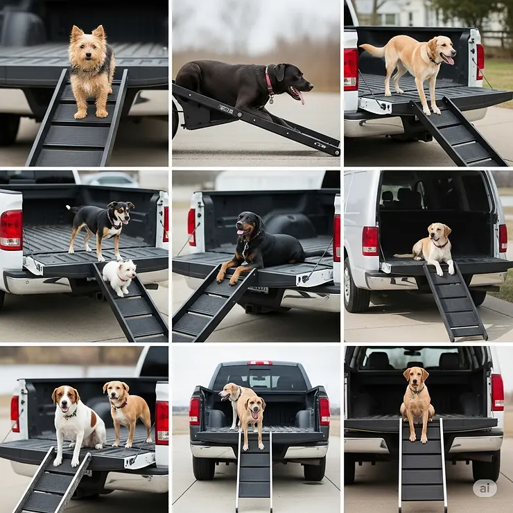 Diverse dog breeds, from small terriers to large retrievers, comfortably using dog ramps to access trucks, demonstrating the versatility of dog ramps for all sizes.