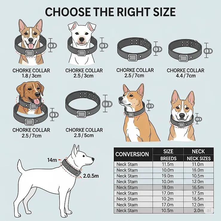Graphic displaying various sizes of dog choke collars, emphasizing the importance of choosing the right size for different breeds and neck circumferences.