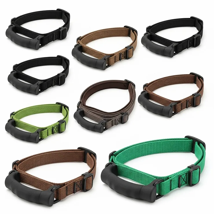 Assortment of dog collars with handles in various colors including black, green, and coyote brown, offering stylish choices.
