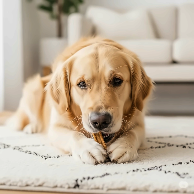 A dog comfortably chewing a low-fat treat on a soft rug indoors, conveying a sense of safety and enjoyment for dogs with pancreatitis.