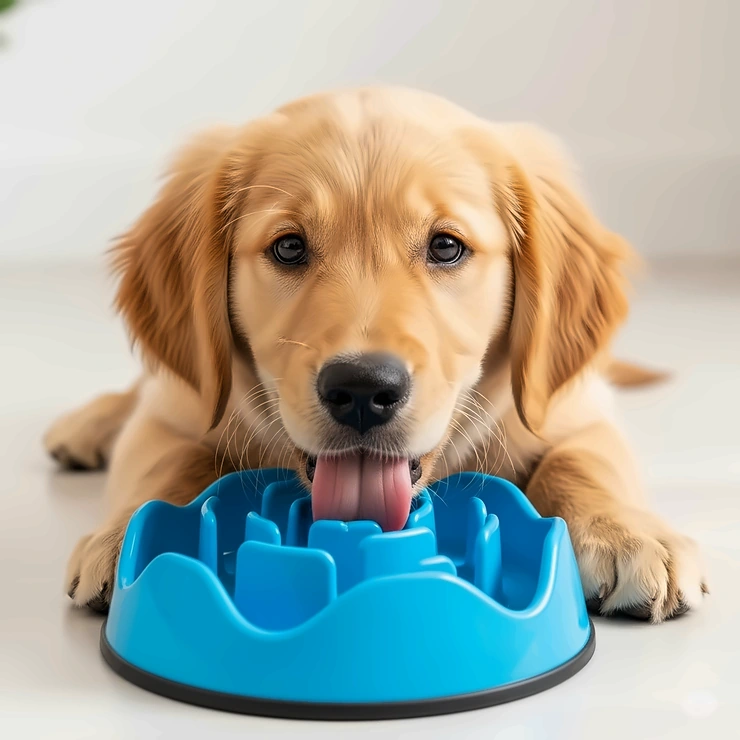 A happy golden retriever puppy enthusiastically licking a blue slow feeder bowl, designed to make mealtime last longer and aid digestion for dogs.