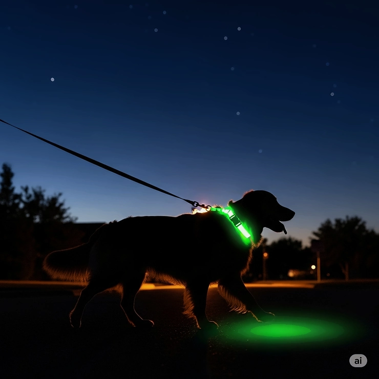 A silhouette of a dog walking on a leash at night, clearly illuminated by a vibrant glow in the dark dog collar, enhancing visibility and safety.