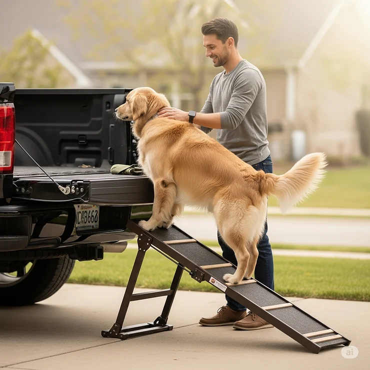 A dog owner gently guiding their dog up a durable dog ramp into a truck, emphasizing the safety and support dog ramps for trucks provide.