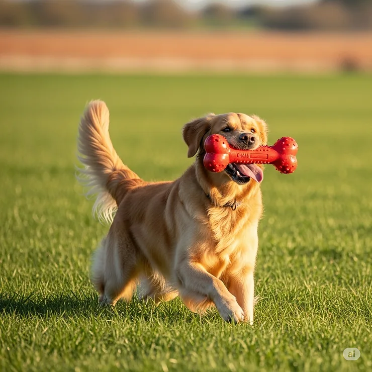 An active dog joyfully playing fetch with a sturdy, chew-resistant dog bone toy in an open field.