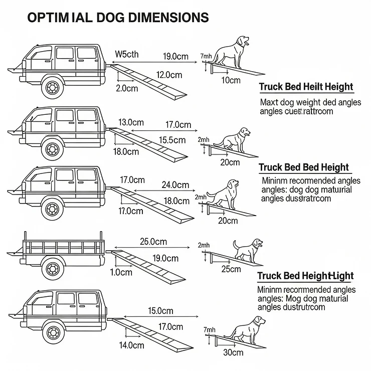 Diagram illustrating optimal dog ramp dimensions and angles for various truck heights, ensuring a comfortable incline for dogs using ramps for trucks.