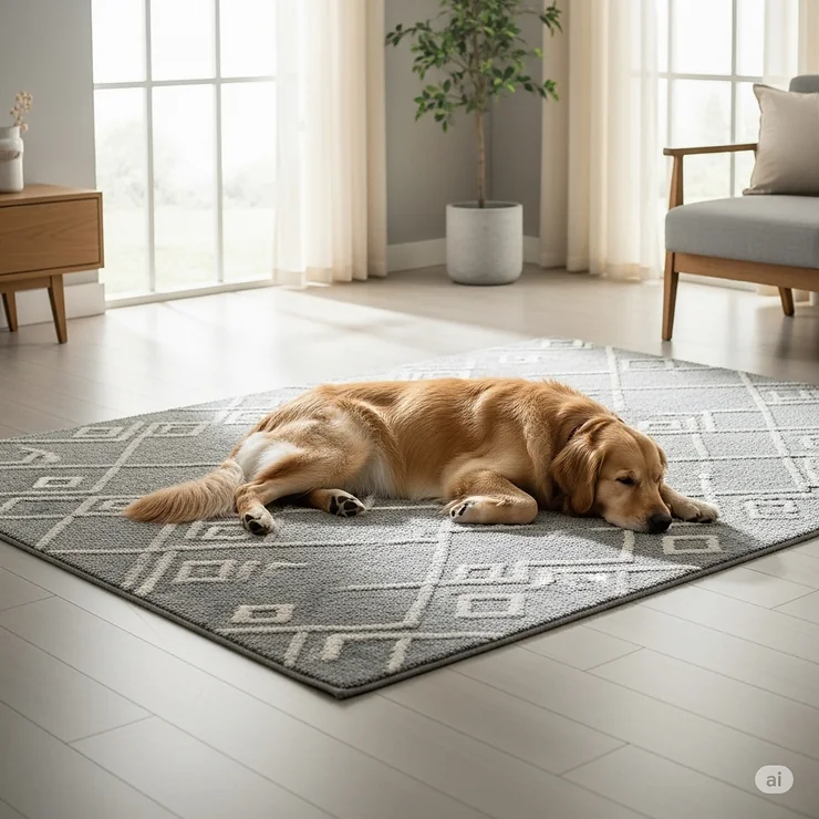 A cozy grey dog rug perfectly placed in a modern living room, with a happy golden retriever comfortably napping on it.