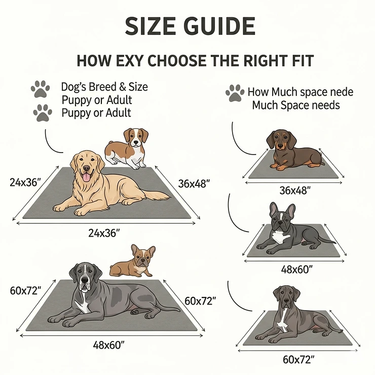 An illustrative size guide for dog rugs, demonstrating different dimensions and how to choose the right fit for various dog breeds.
