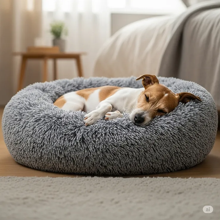 A small terrier dog soundly asleep and comfortable in its soft circular dog bed, demonstrating its restful design.