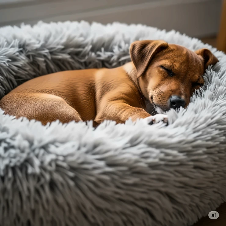 Close-up of a small dog soundly sleeping in a cozy, soft round dog bed, highlighting peaceful rest.