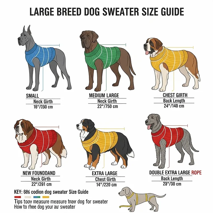 An infographic illustrating a size chart with measurements for large-breed dog sweaters, showing a variety of sizes and breeds.