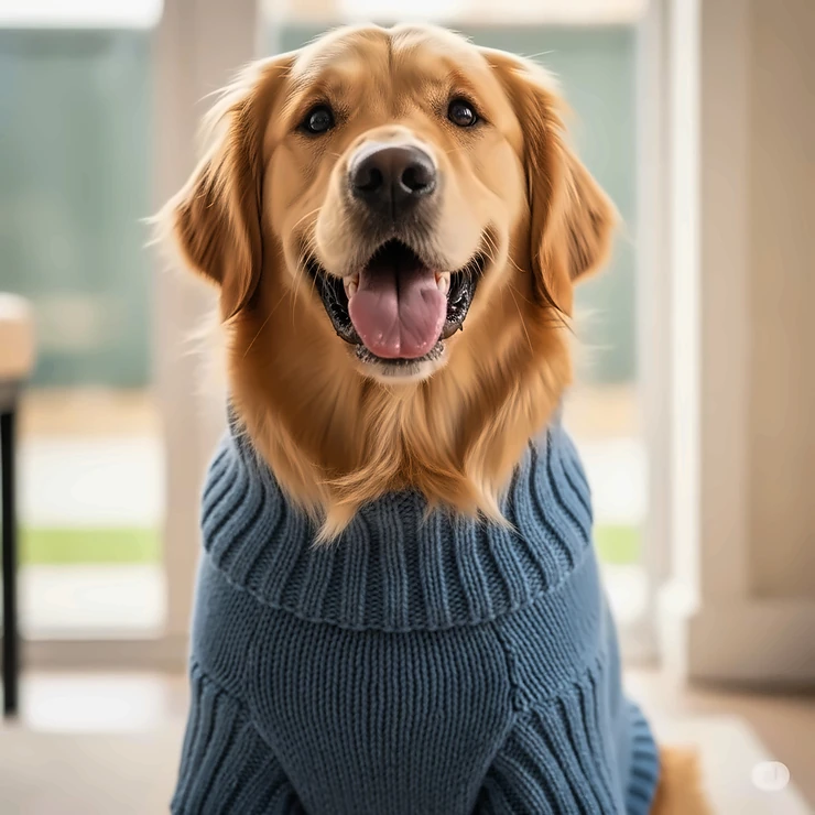 A large golden retriever dog happily wearing a knitted blue sweater and smiling at the camera. dog sweaters for large dogs