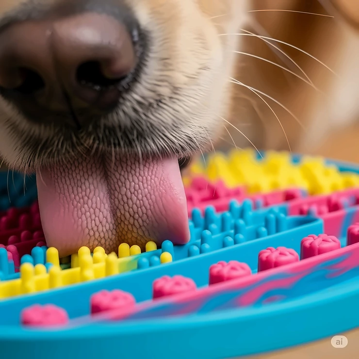 Close-up of a dog's pink tongue spread across a colorful silicone lick mat, demonstrating how dogs use lick bowls for enrichment.