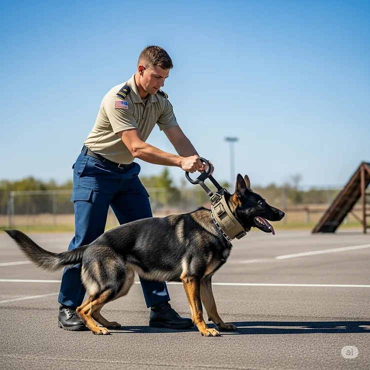 A German Shepherd being guided during a training session using a military-grade dog collar with a handle for quick corrections.