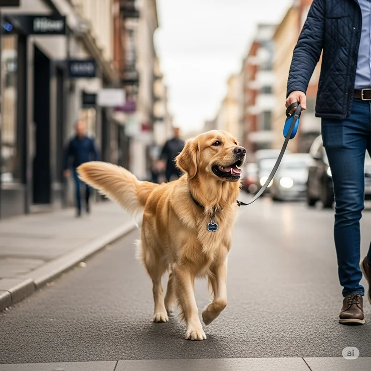 A dog being walked on a leash in an urban environment, its silent dog tags ensuring a peaceful walk without noise distraction.
