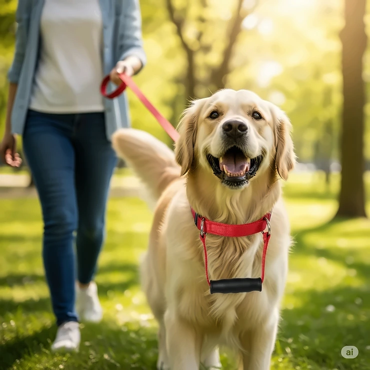 A happy golden retriever wearing a red dog collar with a handle, being walked on a leash through a park.