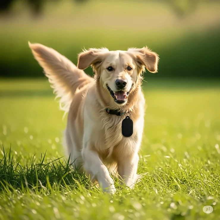 A happy dog running and playing, with a focus on its collar showcasing a quiet, silicone-covered silent dog tag.