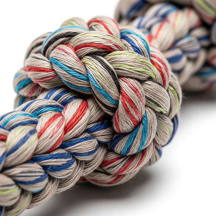 Close-up of the robust braided material of a dog tug toy, highlighting its durability and suitability for vigorous play.