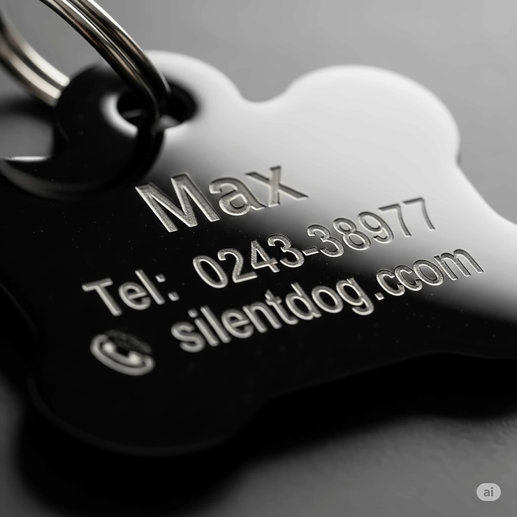 A detailed close-up shot of an engraved silent dog tag, displaying pet information clearly without traditional metal clinking.